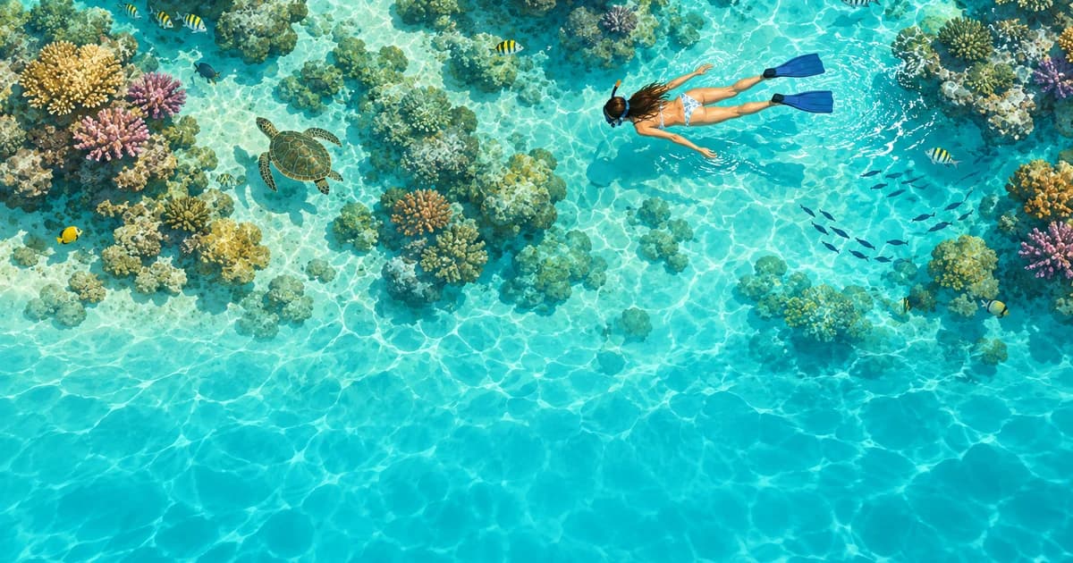 Illustration of a snorkeler floating over turquoise reef shallows, seen from above