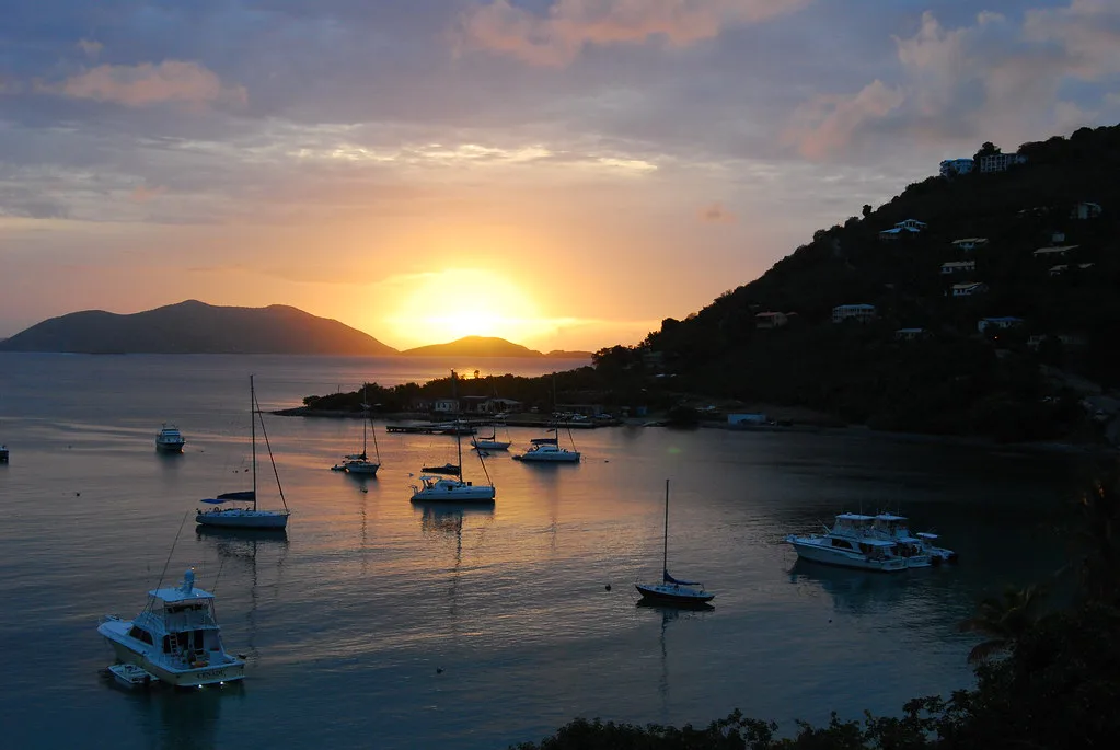 Sunset over moored boats in a Tortola bay, British Virgin Islands