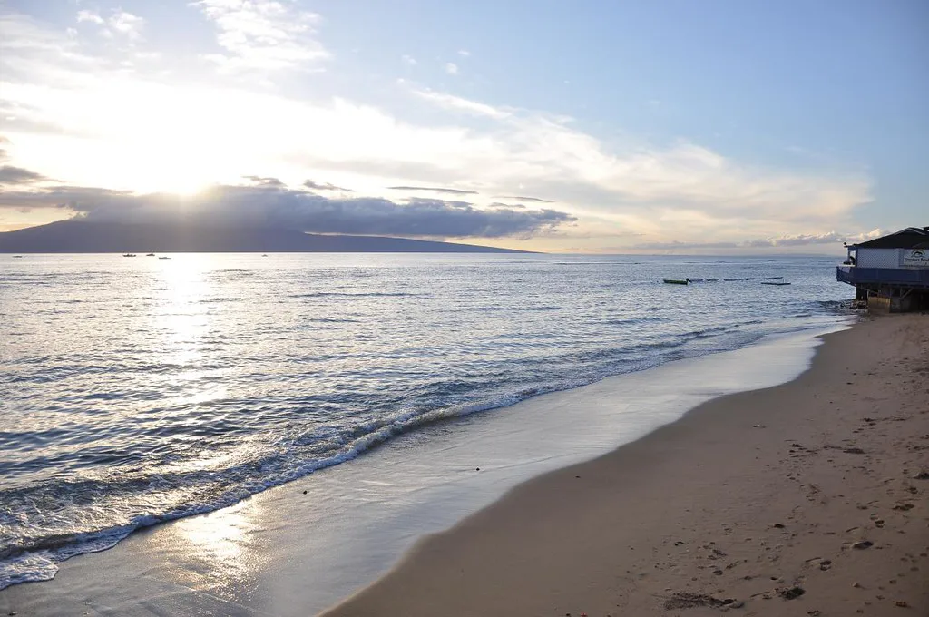 Sunset over the West Maui shoreline, Hawaii