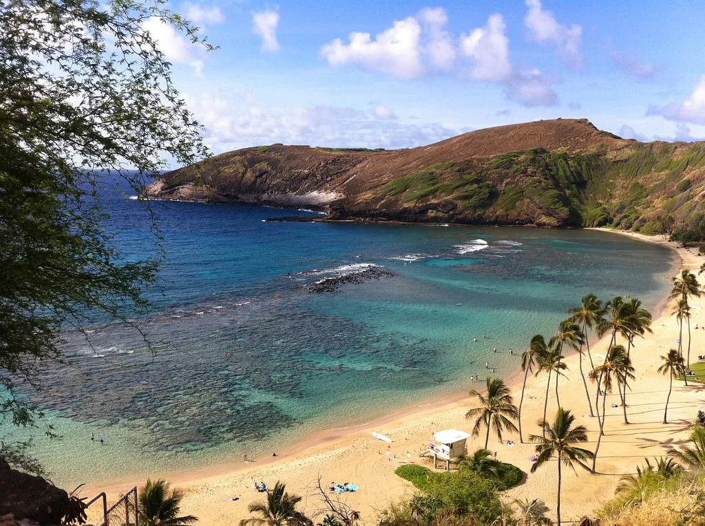 Hanauma Bay reef and beach from above, Oahu