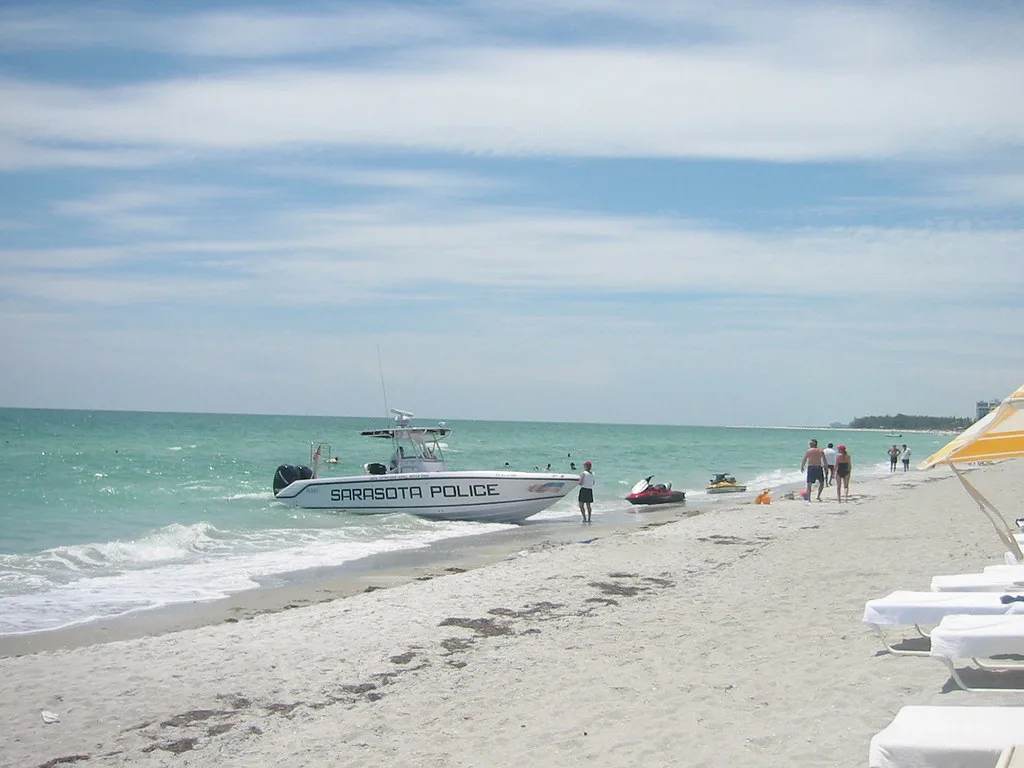 Patrol boat off a Sarasota beach, Florida