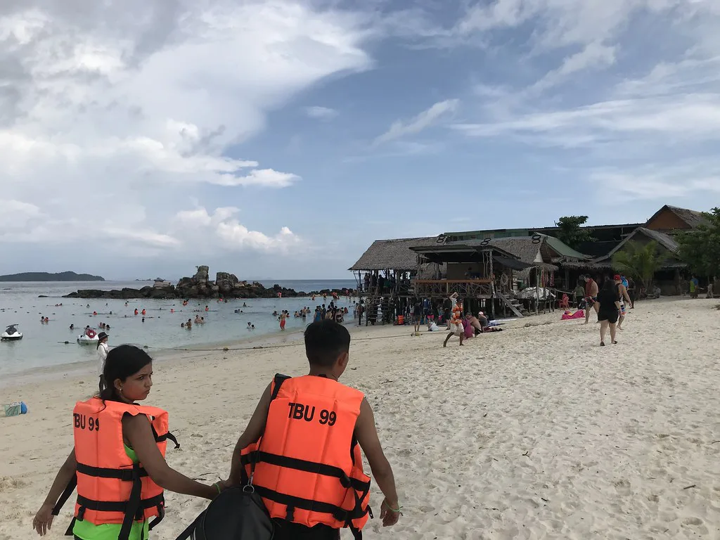 Looking back at the food shacks and the scenic rocks, Puerto Rico